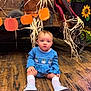 baby, child, blue_outfit, pumpkin_embroidery, white_socks, white_shoes, wooden_floor, autumn_decor, pumpkins, dried_cornstalks, flowers, rustic, fall_theme, sitting, indoors, cute, decorations, holiday, seasonal, portrait