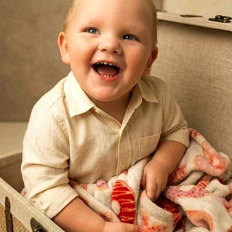 Bryer is registered to the contest to win money with this photo: baby, child, toddler, smiling, laughing, portrait, indoor, basket, blanket, cozy, seated, clothing, shirt, face, eyes, mouth, furniture, home, warm_lighting, happy