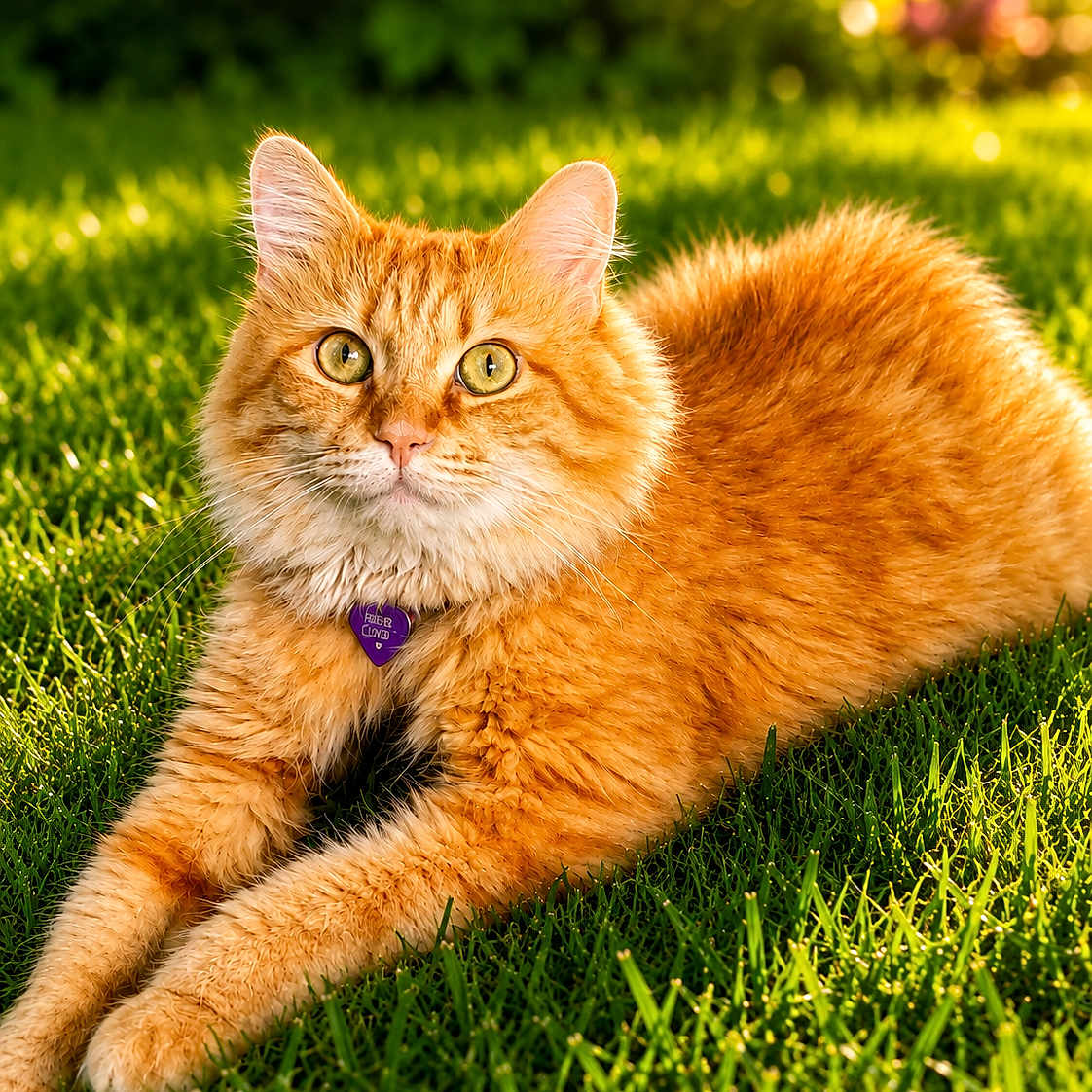 Tommy Gardner is registered to the contest to win money with this photo: animal, cat, closeup, cute, daylight, eyes, feline, fluffy, fur, garden, grass, greenery, nature, orange_cat, outdoor, pet, portrait, relaxed, sunlight, whiskers