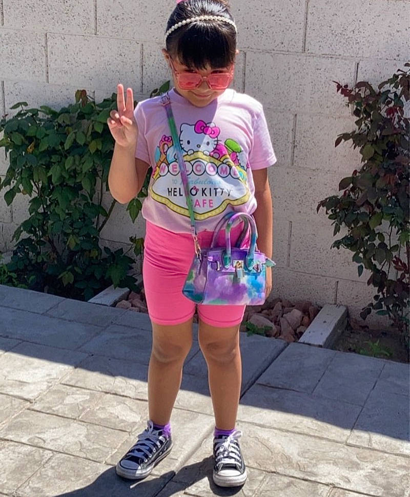 Victoria joined the competition — help win amazing prizes! denim, electric_blue, eyewear, human_body, human_leg, knee, magenta, neck, pattern, person, pink, plant, purple, shoe, shorts, sleeve, sneakers, sportswear, t_shirt, thigh