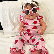 Giovanna joined the competition — help win amazing prizes! baby, infant, child, portrait, sitting, bed, pillow, sunglasses, headband, bow, strawberry, pink, outfit, romper, ruffles, barefoot, smiling, indoors, fashion, photography
