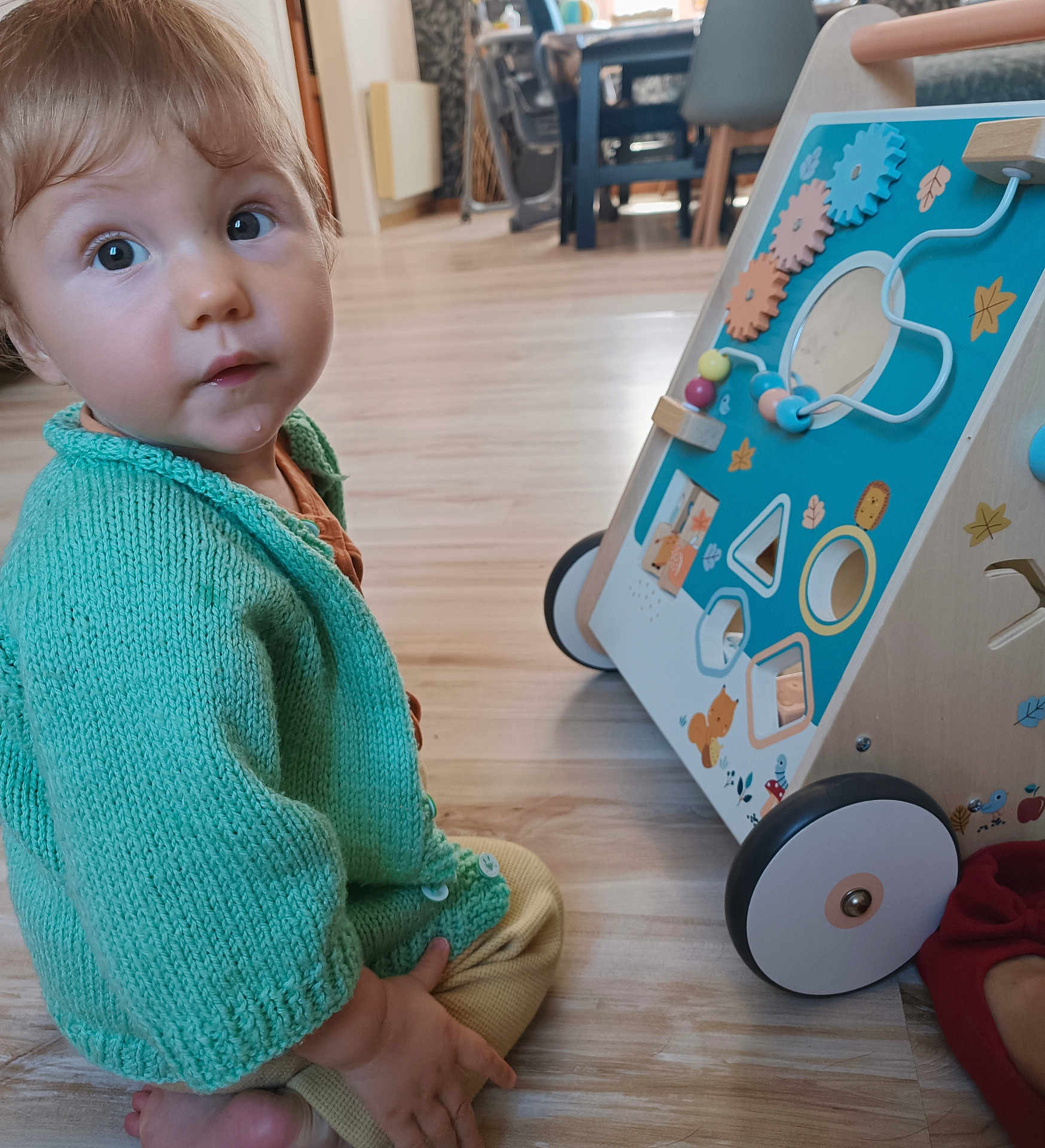 Eloan a rejoint le concours — aidez-le/la à gagner de superbes lots ! toddler, child, indoor, knitted_sweater, green_clothing, wooden_floor, activity_walker, toy, bead_maze, gears, curious_expression, droplet, floor, furniture, blurry_background, baby, candid, sitting, person, playtime