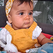 Mia participe au concours pour gagner de l'argent avec cette photo : baby, child, headband, yellow, overalls, plush_toys, indoor, plant, decor, curious, seated, soft_toys, face, clothing, cute, portrait, toddler, furniture, expression, person