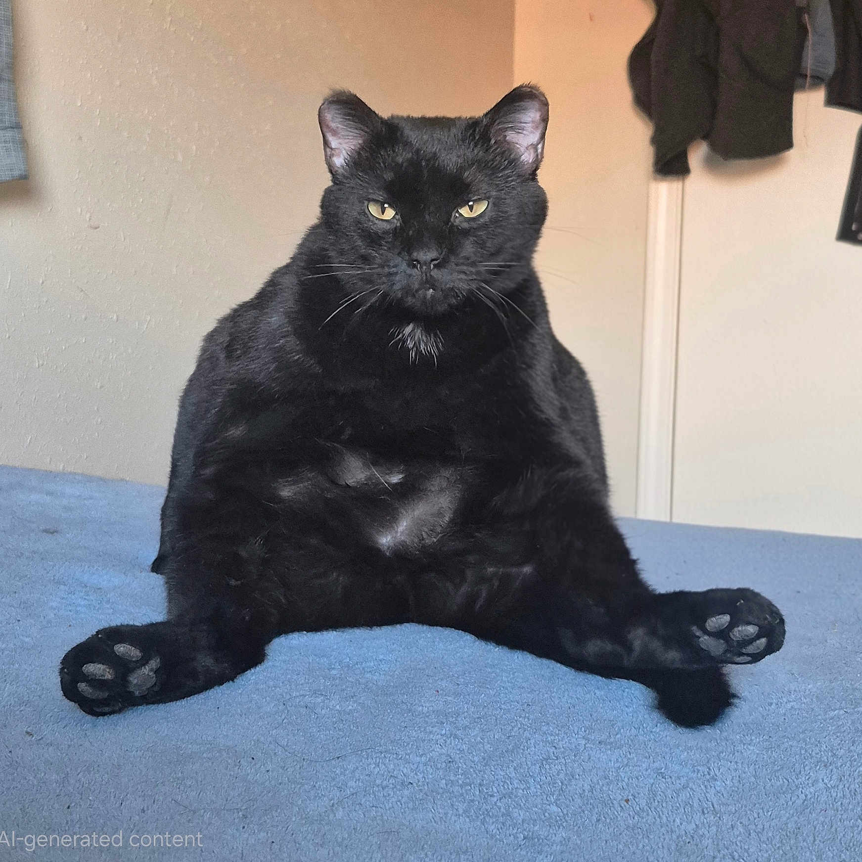 Bob joined the competition — help win amazing prizes! black_cat, cat, pet, feline, sitting, indoor, blue_blanket, fur, animal, cute, paw, whiskers, ears, yellow_eyes, relaxed, home, bedroom, fur_texture, looking_at_camera, chubby_cat