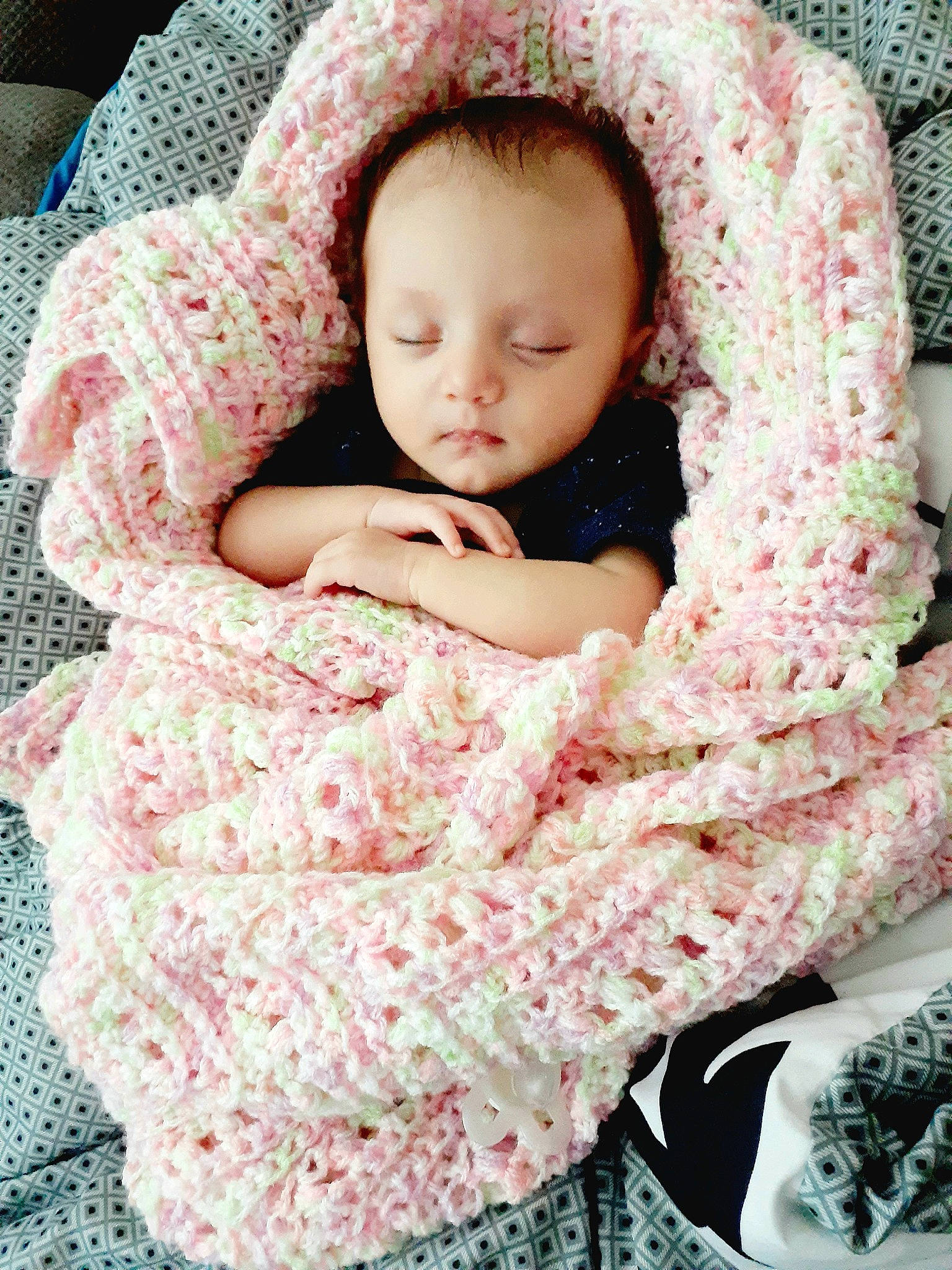Laura joined the competition — help win amazing prizes! art, baby, baby_products, baby_sleeping, baby_toddler_clothing, blanket, cheek, child, craft, crochet, knitting, pattern, person, pink, product, sleep, textile, toddler, wool