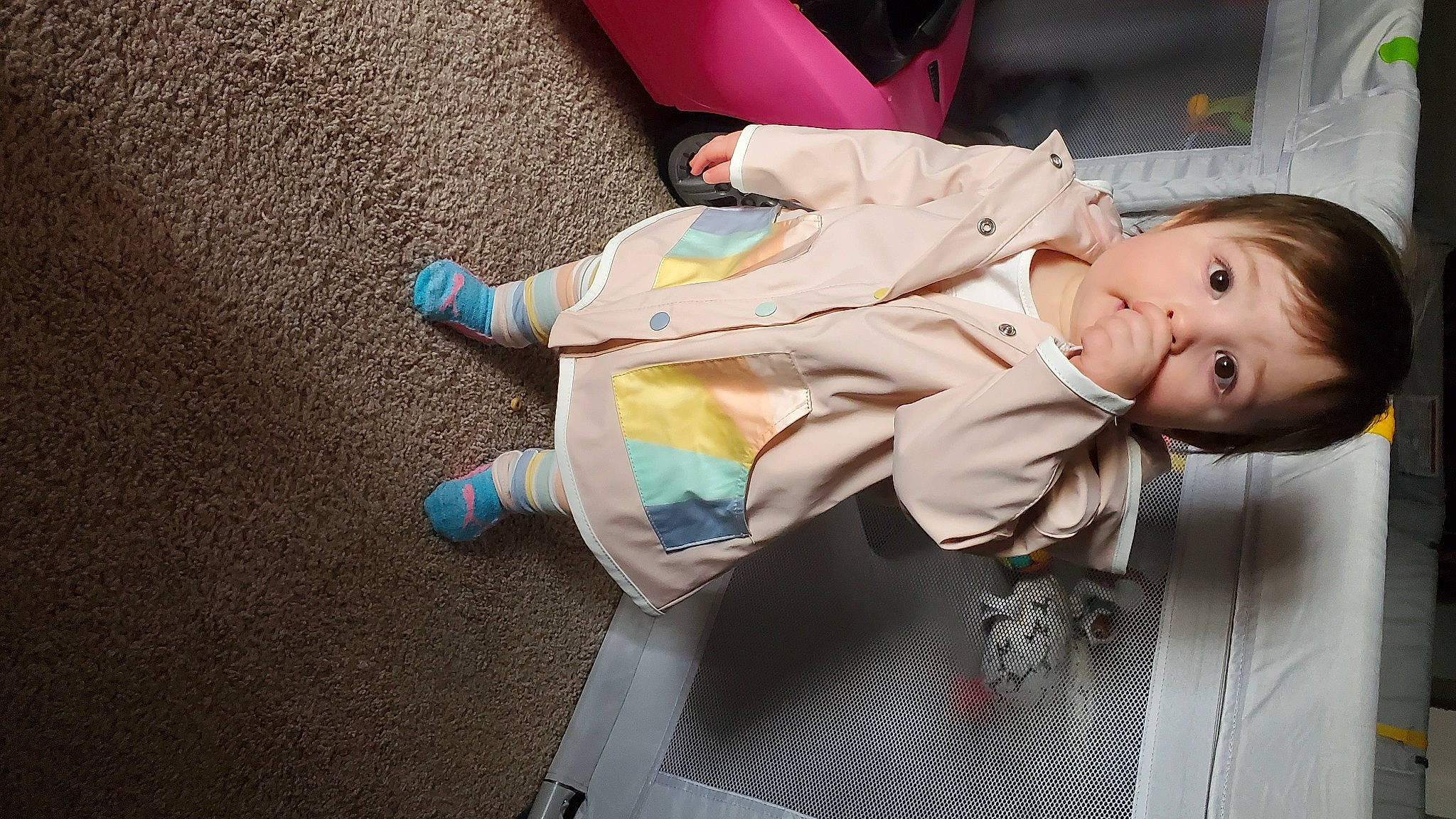 Braelyn is registered to the contest to win money with this photo: baby, baby_carriage, baby_products, baby_toddler_clothing, cheek, child, comfort, flooring, fun, happy, human_leg, leg, person, play, room, sitting, skin, toddler