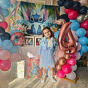 Mya participe au concours pour gagner de l'argent avec cette photo : child, birthday, balloons, blue_dress, glasses, number_4_balloon, gift_bags, floor, marble_floor, party, celebration, stitch_character, pink_balloons, red_balloons, blue_balloons, decorations, smiling, indoor, curly_hair, happy
