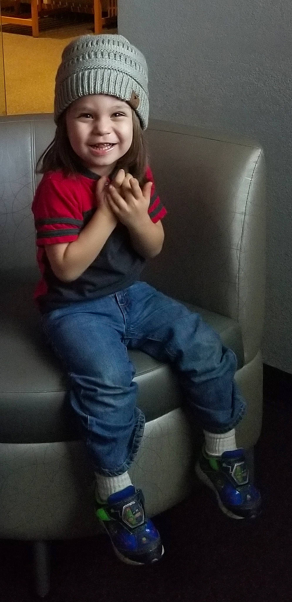 Wade joined the competition — help win amazing prizes! beanie, cap, cheek, child, child_model, cool, denim, facial_expression, footwear, hat, headgear, headwear, jeans, joy, knit_cap, laugh, leg, male, person, shoe