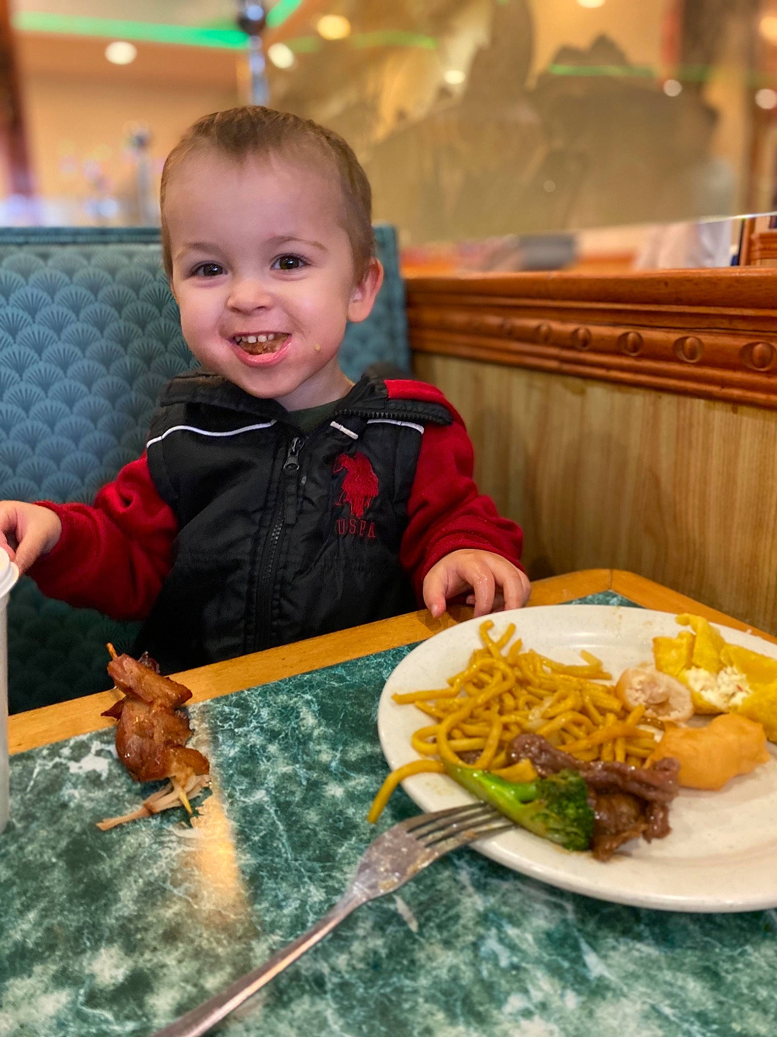 John Michael joined the competition — help win amazing prizes! baby_toddler_clothing, chair, child, comfort_food, cuisine, dish, felidae, food, food_craving, fork, happy, ingredient, joy, person, plate, produce, recipe, smile, table, tableware