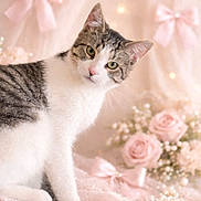 Priscilla is registered to the contest to win money with this photo: animal, cat, close_up, cute, decor, feminine, floral, flower, indoor, lace, pastel, pet, pink_bow, portrait, rose, soft_light, still_life, tabby, whiskers, white
