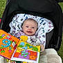 baby, smiling, stroller, outdoor, soft_book, toy, grass, blanket, child, infant, colorful, happy, person, face, clothing, play, seat, comfort, cute, young
