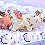 Kaia is registered to the contest to win money with this photo: baby, infant, bow, headband, rainbow, cushion, pattern, clothing, sleepwear, cute, newborn, face, hand, lying_down, soft, colorful, fabric, expression, indoors, child