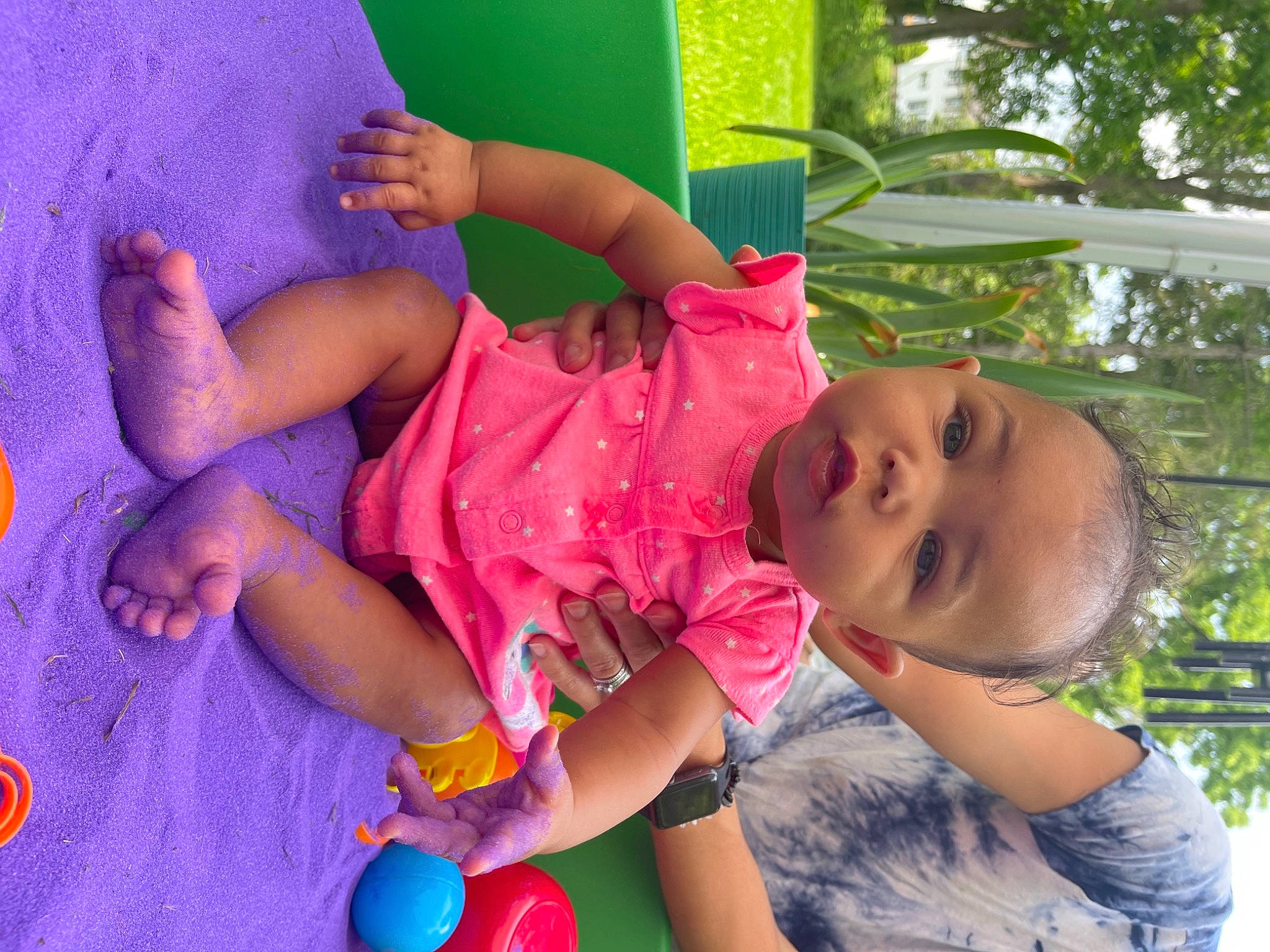 Kahlani joined the competition — help win amazing prizes! baby, baby_toddler_clothing, child, fun, grass, green, happy, leisure, magenta, person, pink, plant, play, purple, recreation, shorts, summer, toddler, tree, water
