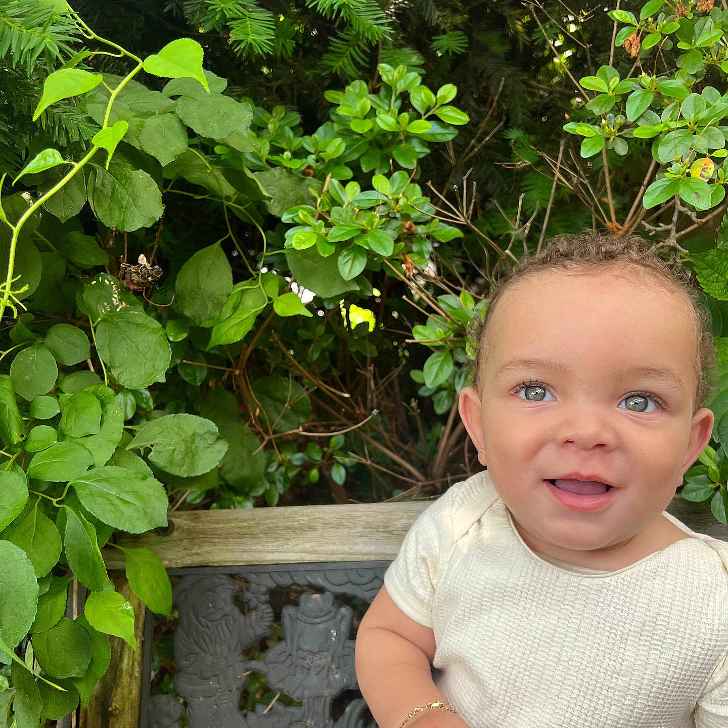 Eris G Hall joined the competition — help win amazing prizes! baby, bench, bracelet, child, curly_hair, cute, face, garden, greenery, happy, leaf, nature, outdoor, plant, portrait, skin, smiling, sunlight, toddler, white_clothing