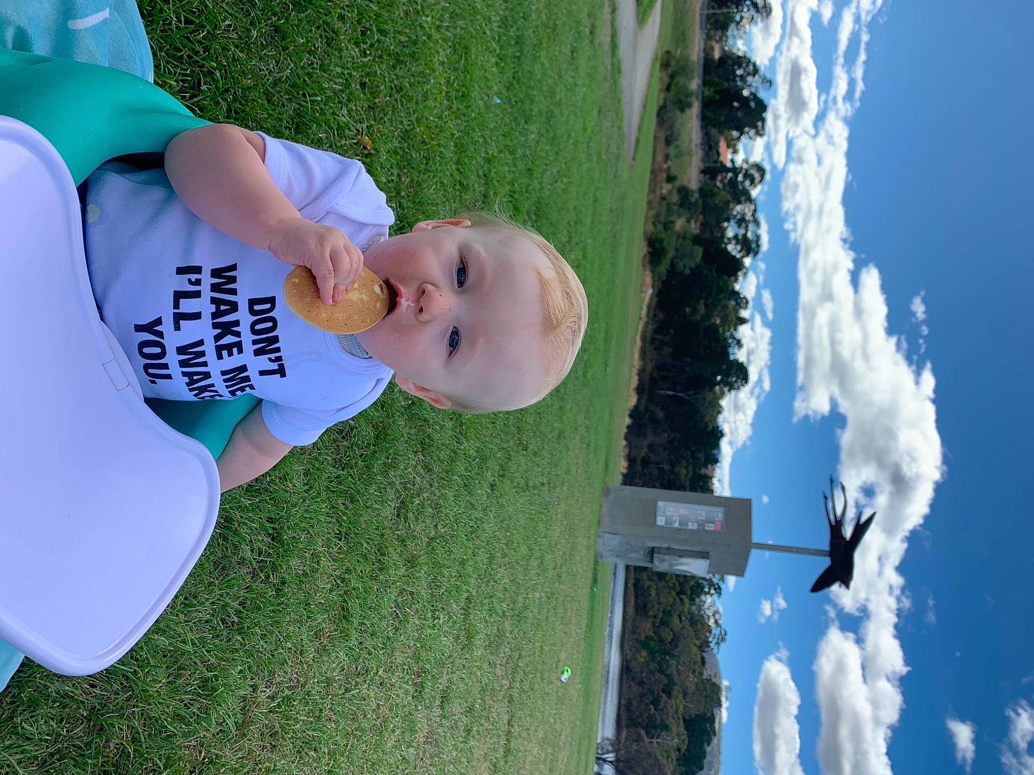 Kaden joined the competition — help win amazing prizes! baby, child, cloud, cumulus, electric_blue, fun, grass, green, happy, hat, leisure, people_in_nature, person, plant, recreation, sky, t_shirt, toddler, tree, water