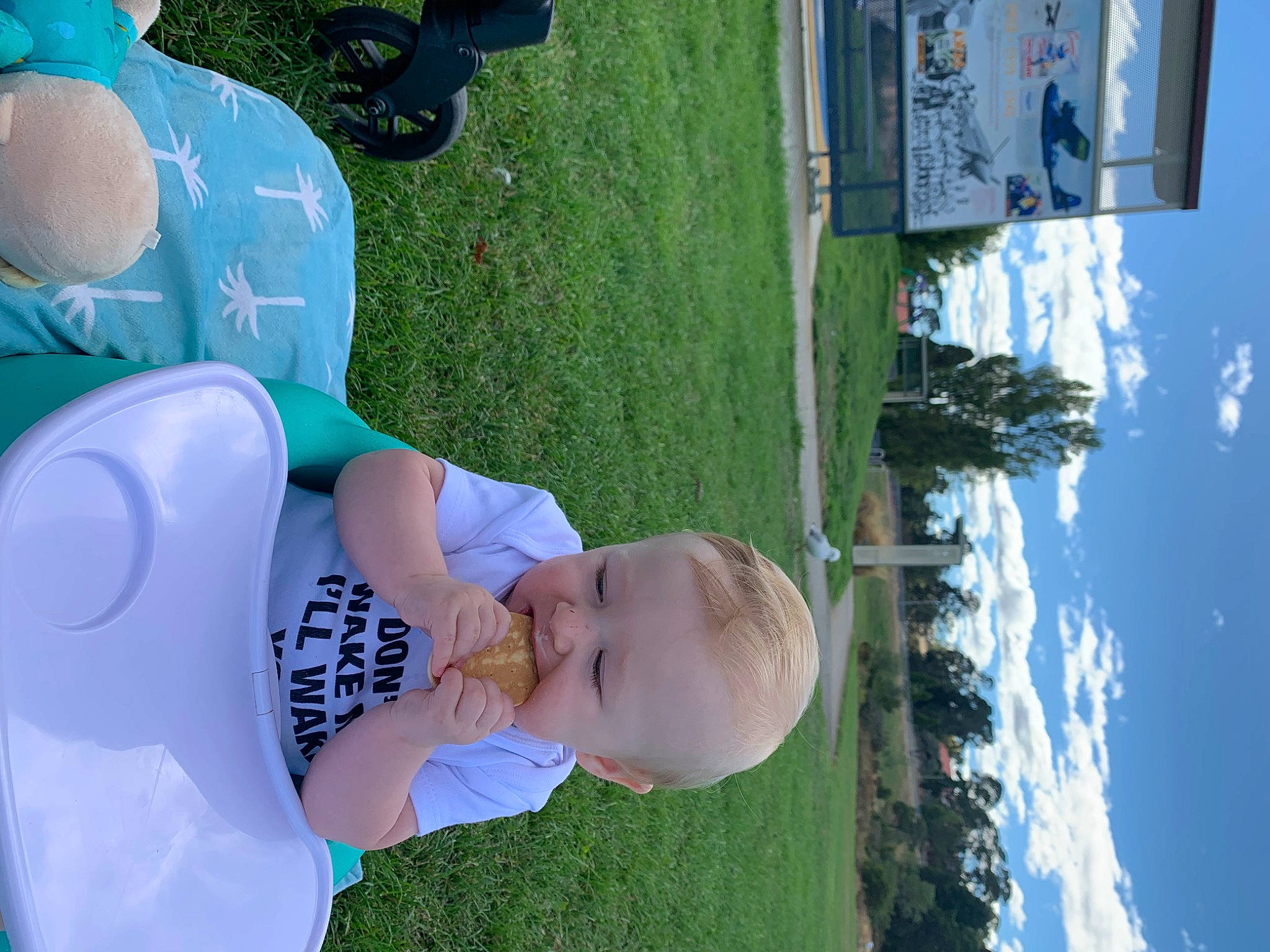 Kaden joined the competition — help win amazing prizes! azure, baby, baby_toddler_clothing, blue, fun, grass, green, happy, hat, leg, leisure, person, plant, sky, smile, snapshot, summer, toddler, tree, water