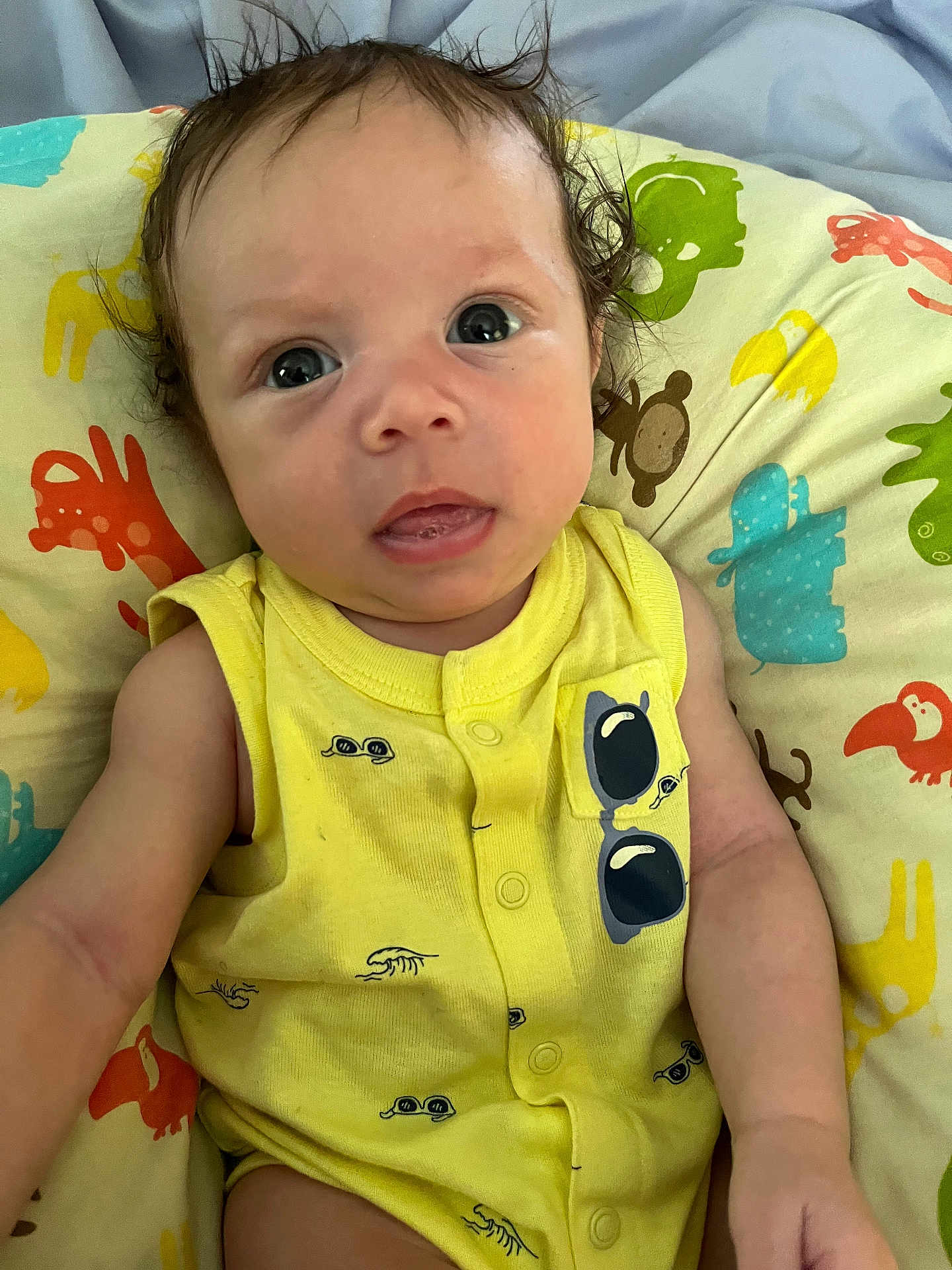 Yésiah is registered to the contest to win money with this photo: baby, infant, child, yellow_clothing, sunglasses_print, curly_hair, blue_eyes, cushion, animal_print, colorful, indoors, portrait, cute, resting, closeup, soft_lighting, expression, skin, young, person