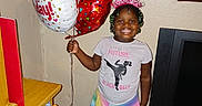 Arianna joined the competition — help win amazing prizes! child, birthday, balloons, smile, tiara, tshirt, rainbow_skirt, gift_bag, indoor, wooden_dresser, television, barefoot, happy, girl, celebration, party, hair_beads, floor_tiles, wall, present