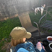 Kwae joined the competition — help win amazing prizes! person, dog, denim_jacket, baseball_cap, grass, wooden_fence, patio_chair, potted_plants, steps, outdoor, casual, ripped_jeans, bracelets, sunlight, side_profile, greenery, summer, relaxing, backyard, daytime