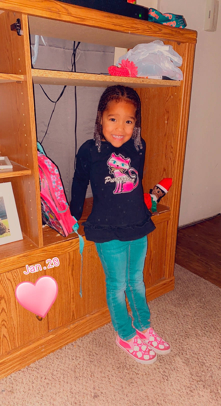 Kyleigh is registered to the contest to win money with this photo: baby_toddler_clothing, child, floor, flooring, fun, happy, hardwood, human_body, jeans, joy, magenta, material_property, person, pink, red, sleeve, standing, t_shirt, textile, toddler