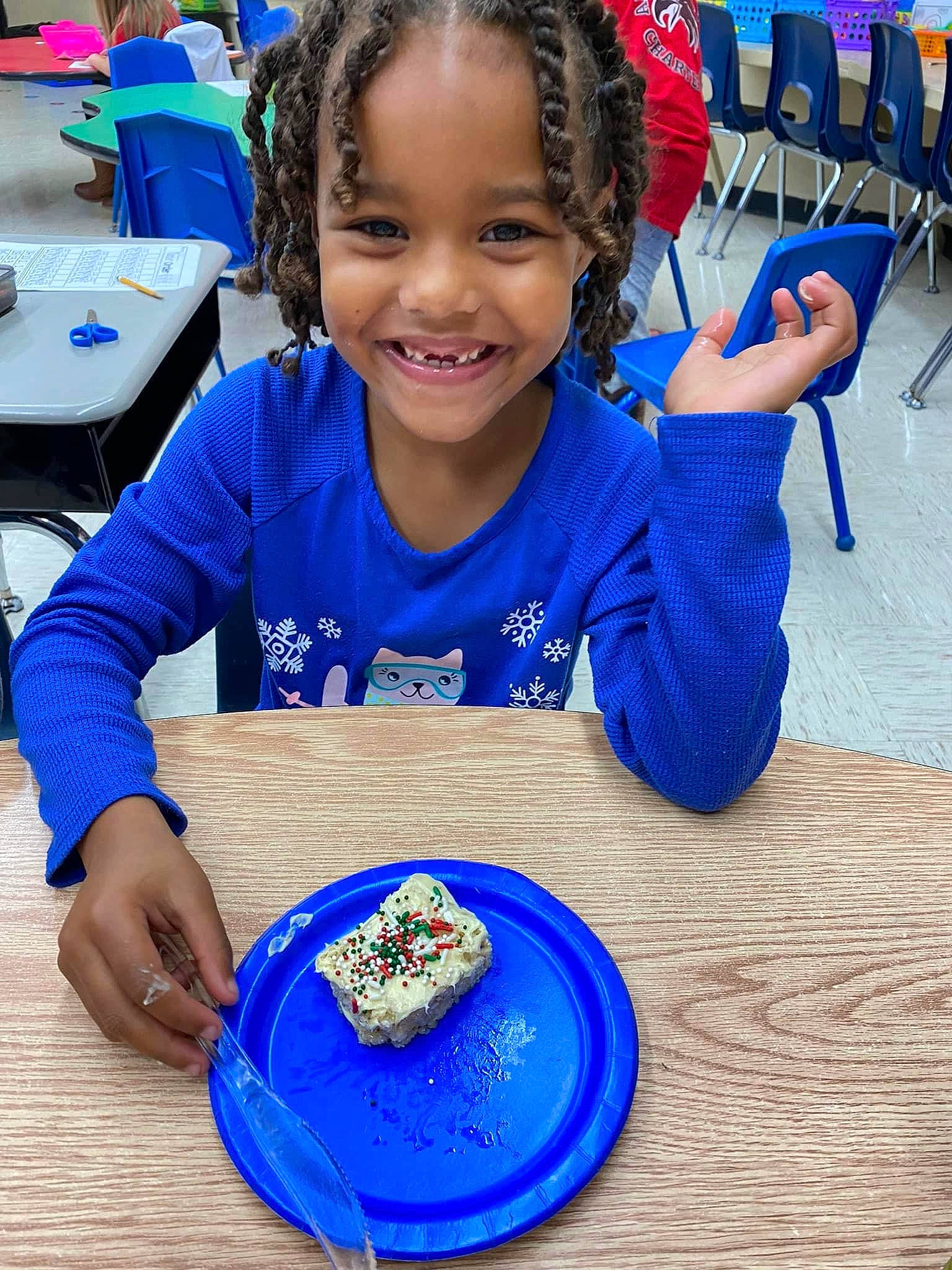 Krislynn joined the competition — help win amazing prizes! blue, chair, child, clothing, cuisine, dishware, finger, food, fun, happy, ingredient, joy, leisure, person, plate, recipe, sharing, smile, t_shirt, table