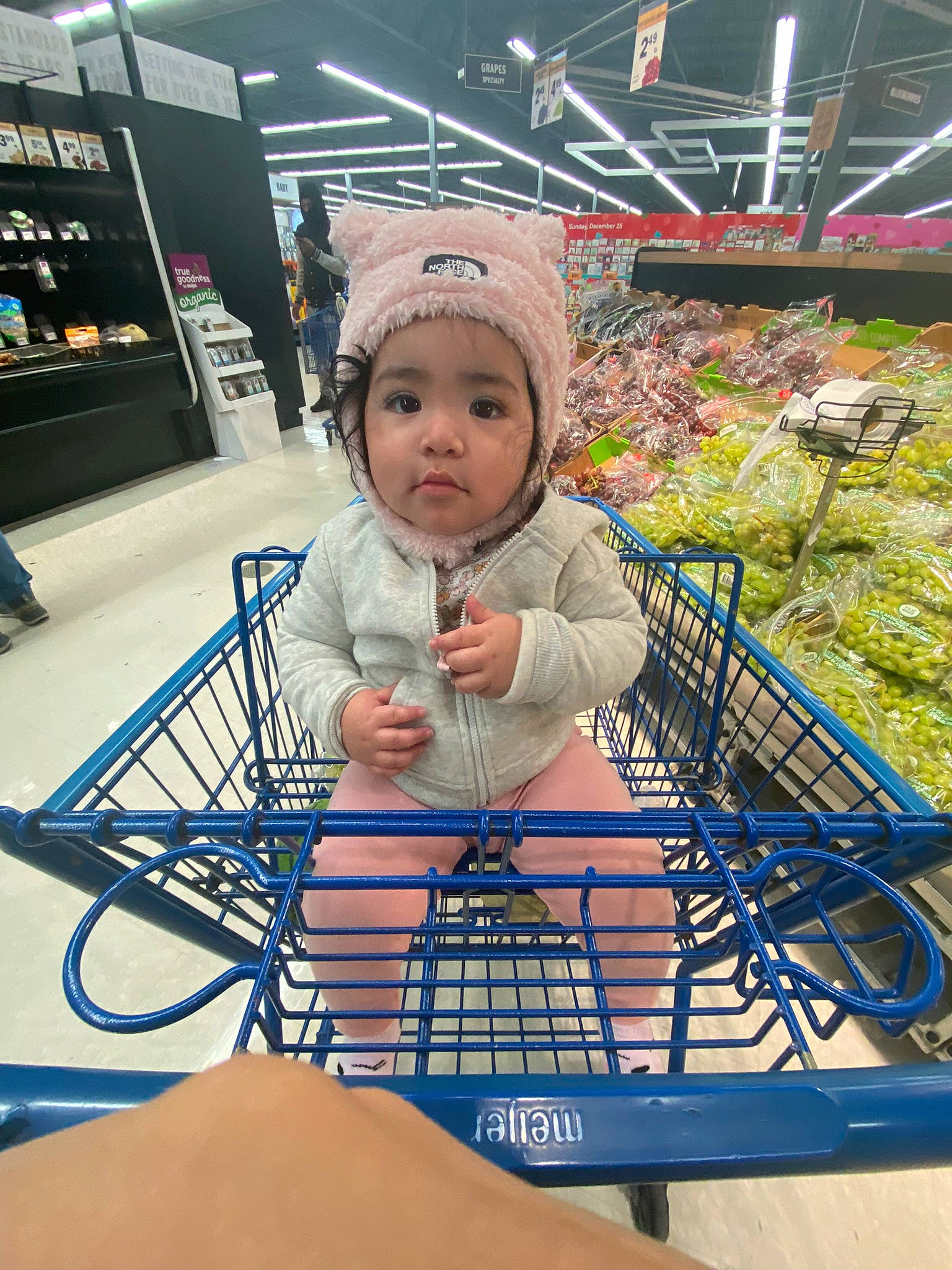 Julissa is registered to the contest to win money with this photo: baby, baby_products, baby_safety, baby_toddler_clothing, basket, cart, child, customer, fun, grocery_store, headwear, leisure, person, retail, shopping, shopping_cart, supermarket, tire, toddler, vehicle