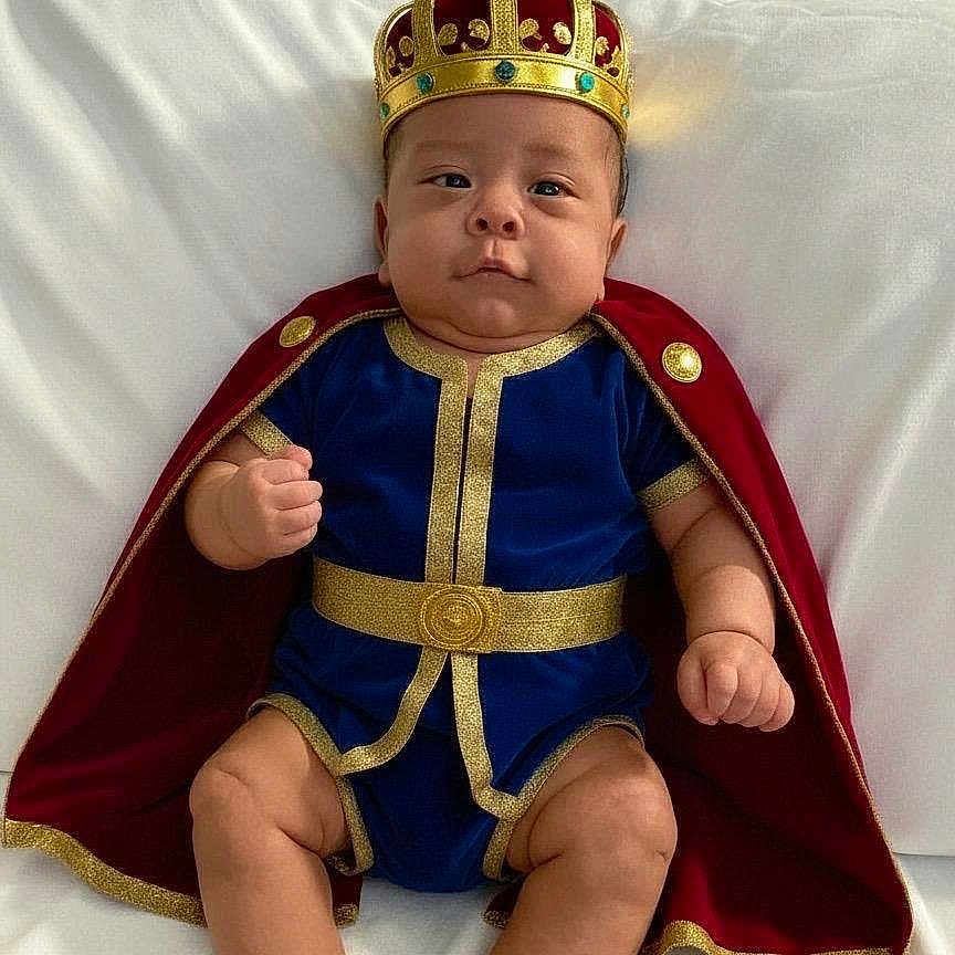Elian Mateo Leiva A. joined the competition — help win amazing prizes! adorable, baby, blue_clothing, cape, child, chubby, costume, crown, cute, expression, furniture, gold_trim, hands, indoor, infant, person, portrait, royal, sitting, white_couch