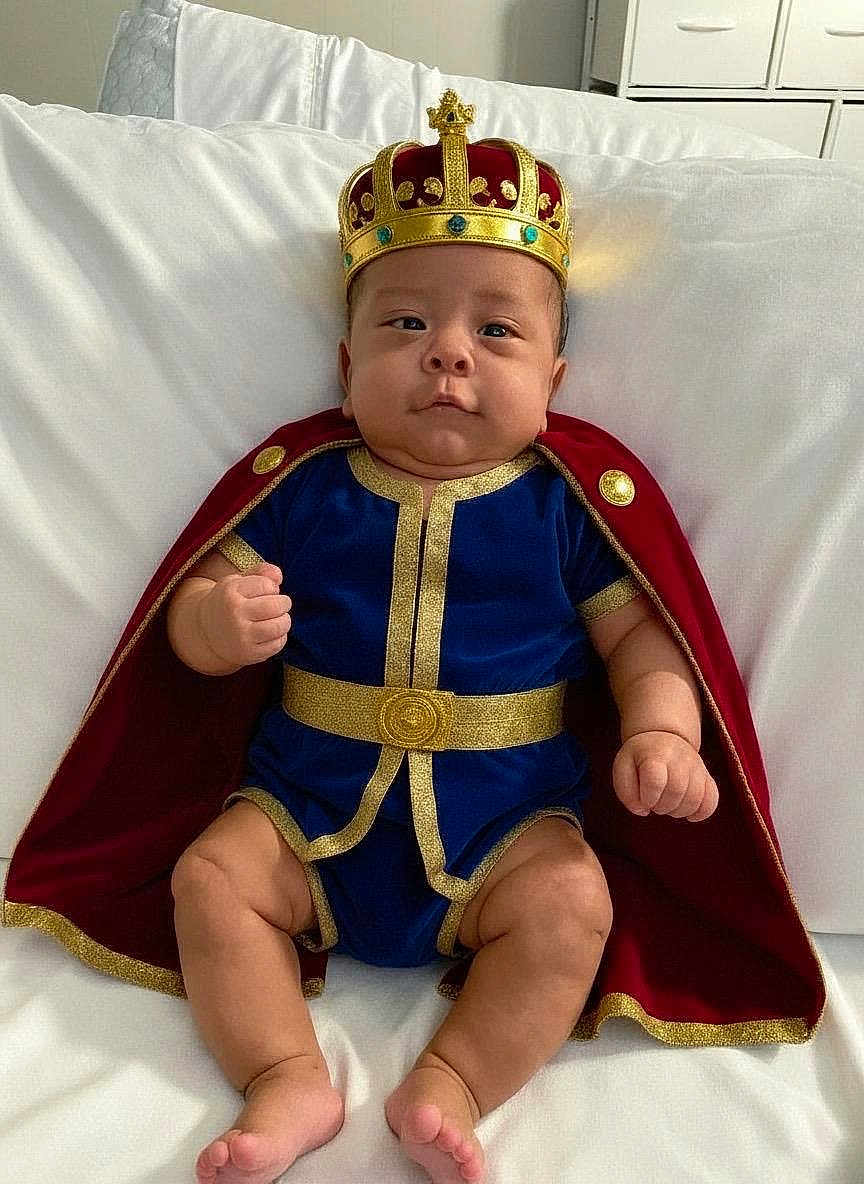 Elian Mateo Leiva A. joined the competition — help win amazing prizes! baby, child, crown, cape, royal, costume, blue_clothing, gold_trim, sitting, indoor, white_couch, cute, portrait, infant, furniture, person, expression, adorable, chubby, hands