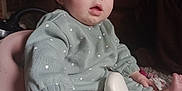Bella joined the competition — help win amazing prizes! baby, child, infant, polka_dot, seat, blue_eyes, birthmark, clothing, hand, foot, indoor, couch, toy, curious, sitting, person, face, soft_lighting, pink, mint_green