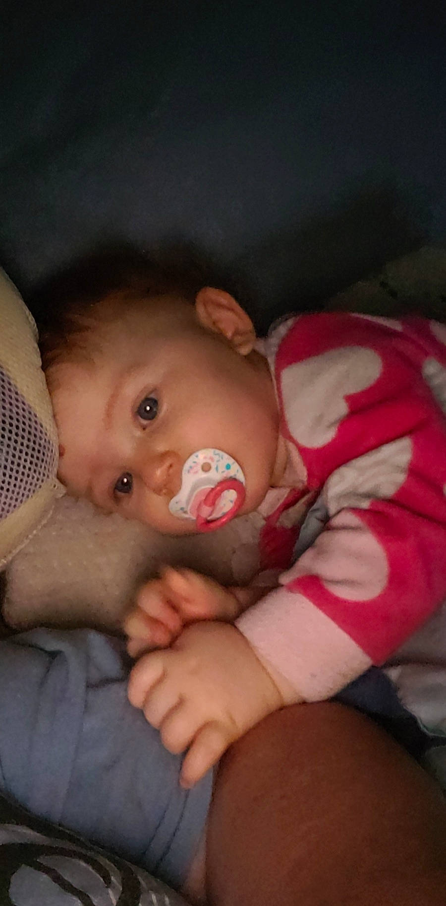 Addilyn is registered to the contest to win money with this photo: arm, baby, baby_products, baby_toddler_clothing, cheek, child, chin, comfort, ear, eye, eyebrow, facial_expression, iris, lap, lip, mouth, nose, person, sitting, skin