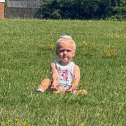 Andréa-Jade is registered to the contest to win money with this photo: toddler, child, grass, field, yellow_flowers, sunny_day, outdoor, greenery, cute, cartoon_clothing, casual_wear, young_child, sitting, nature, summer, portrait, single_person, light_hair, daylight, serious_expression