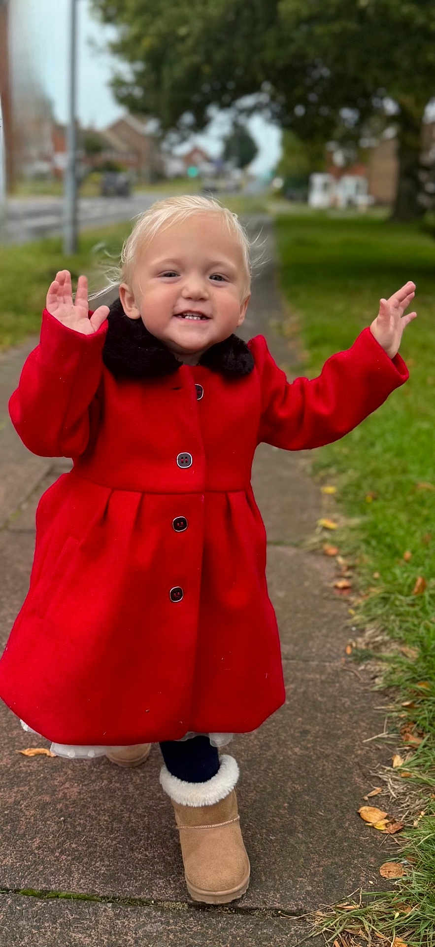 Andréa-Jade joined the competition — help win amazing prizes! toddler, child, red_coat, boots, sidewalk, outdoor, smiling, happy, walking, grass, autumn, leaves, park, person, clothing, nature, daylight, cute, young_child, casual