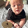 baby, infant, child, black_clothing, face, hands, blanket, wooden_sign, milestone, lying_down, portrait, indoors, soft_light, closeup, cute, expression, skin, head, young, person