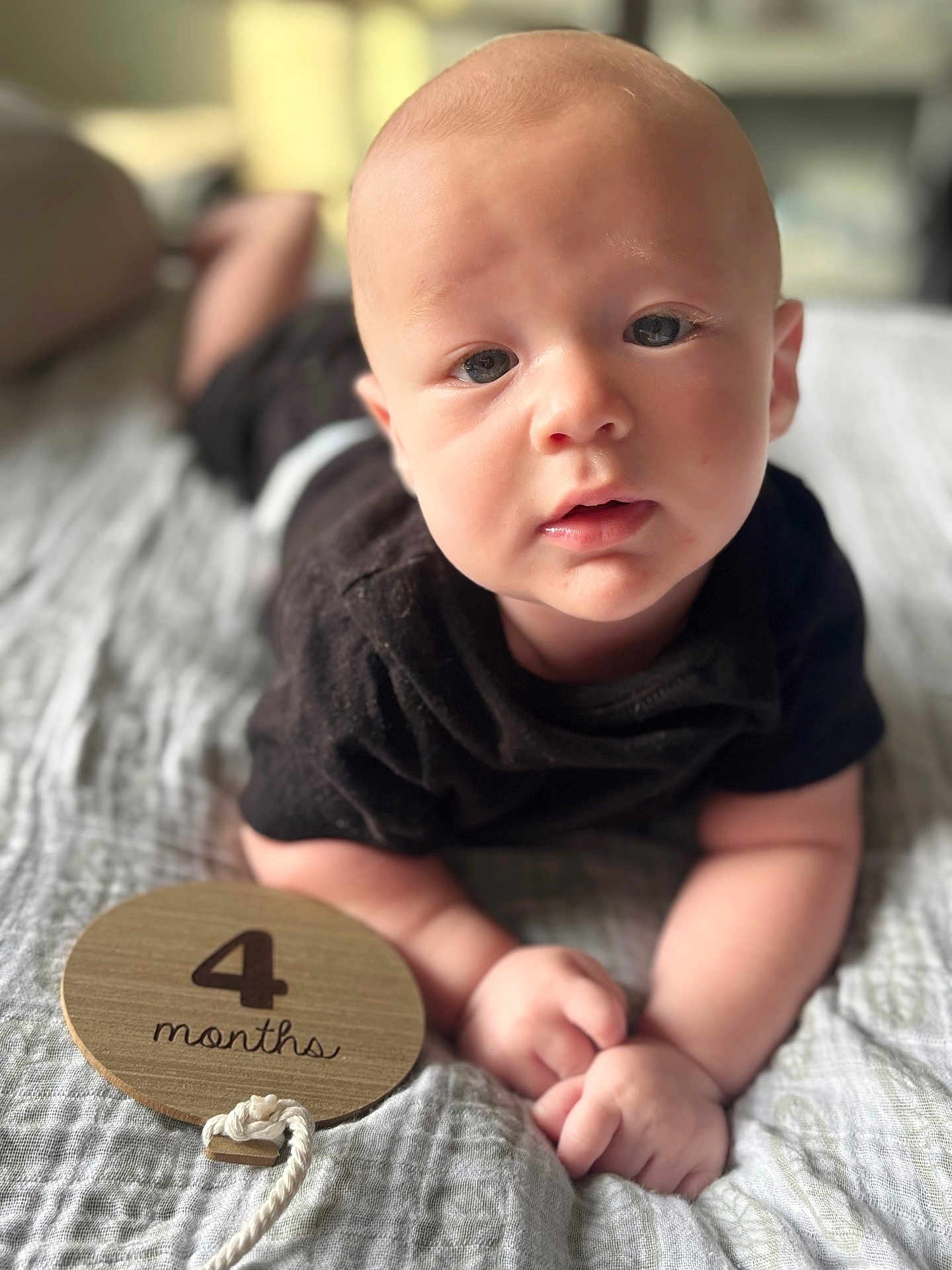 Ryker is registered to the contest to win money with this photo: baby, infant, child, black_clothing, face, hands, blanket, wooden_sign, milestone, lying_down, portrait, indoors, soft_light, closeup, cute, expression, skin, head, young, person