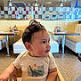 Marcos joined the competition — help win amazing prizes! toddler, child, high_chair, dinosaur_shirt, wooden_chair, indoor, diner, booth_seating, table, curly_hair, looking_sideways, casual_clothing, baby, cute, restaurant, reflection, decor, floor, seat, person