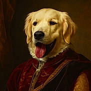 Tiago a rejoint le concours — aidez-le/la à gagner de superbes lots ! animal, brown_background, canine, closeup, clothing, costume, dog, expression, fur, golden_retriever, historical_style, indoor, majestic, noble, pet, portrait, royal, studio, tongue, vintage