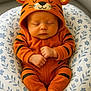 baby, sleeping, tiger_onesie, orange_clothing, cushion, floral_pattern, infant, cute, peaceful, hands, closed_eyes, soft_lighting, indoors, portrait, child, cozy, hooded_clothing, small_fingers, resting, adorable