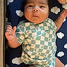 Raiden is registered to the contest to win money with this photo: baby, infant, child, diaper, checkered_shirt, yin_yang, blue_mattress, cloud_pattern, curious, smiling, lying_down, indoors, cute, chubby_cheeks, raised_fists, soft_toy, playpen, comfortable, portrait, young