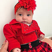 Lily-Rose a rejoint le concours — aidez-le/la à gagner de superbes lots ! baby, child, red_clothing, headband, flower, face, hand, plaid_skirt, jacket, cute, portrait, indoor, infant, person, fashion, accessory, pink_nail_polish, holding, soft_light, closeup