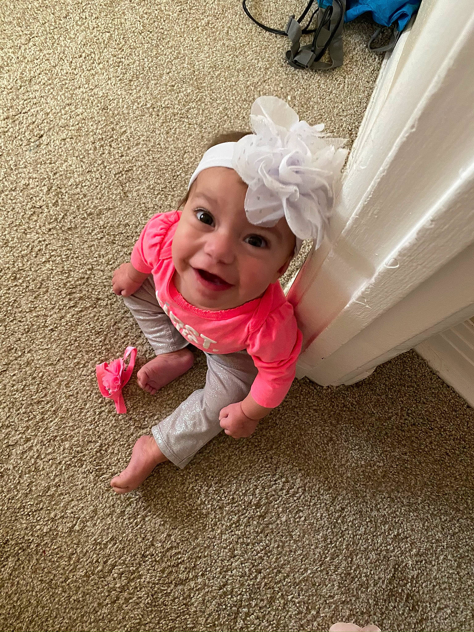 Georgia Mae is registered to the contest to win money with this photo: baby, child, dress, fun, hair_accessory, happy, headgear, headpiece, headwear, person, pink, play, skin, smile, toddler, vacation