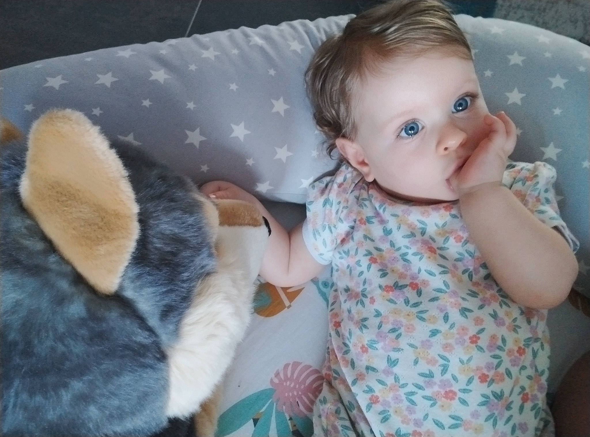 Maëlle participe au concours pour gagner de l'argent avec cette photo : baby, baby_toddler_clothing, child, comfort, couch, gesture, happy, head, human_body, linens, mammal, nose, organ, person, room, skin, t_shirt, textile, toddler, toy