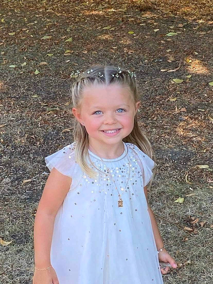 Zoé participe au concours pour gagner de l'argent avec cette photo : asphalt, baby_toddler_clothing, child, day_dress, dress, eye, face, facial_expression, formal_wear, grass, grass_family, hair, happy, head, headwear, iris, joy, people_in_nature, person, sleeve