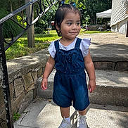 Jazlyn joined the competition — help win amazing prizes! child, toddler, girl, portrait, outdoor, standing, steps, house, garden, sunlight, denim_overalls, ruffled_shirt, sneakers, hair_bows, dark_hair, smiling, side_glance, residential, railing, daytime