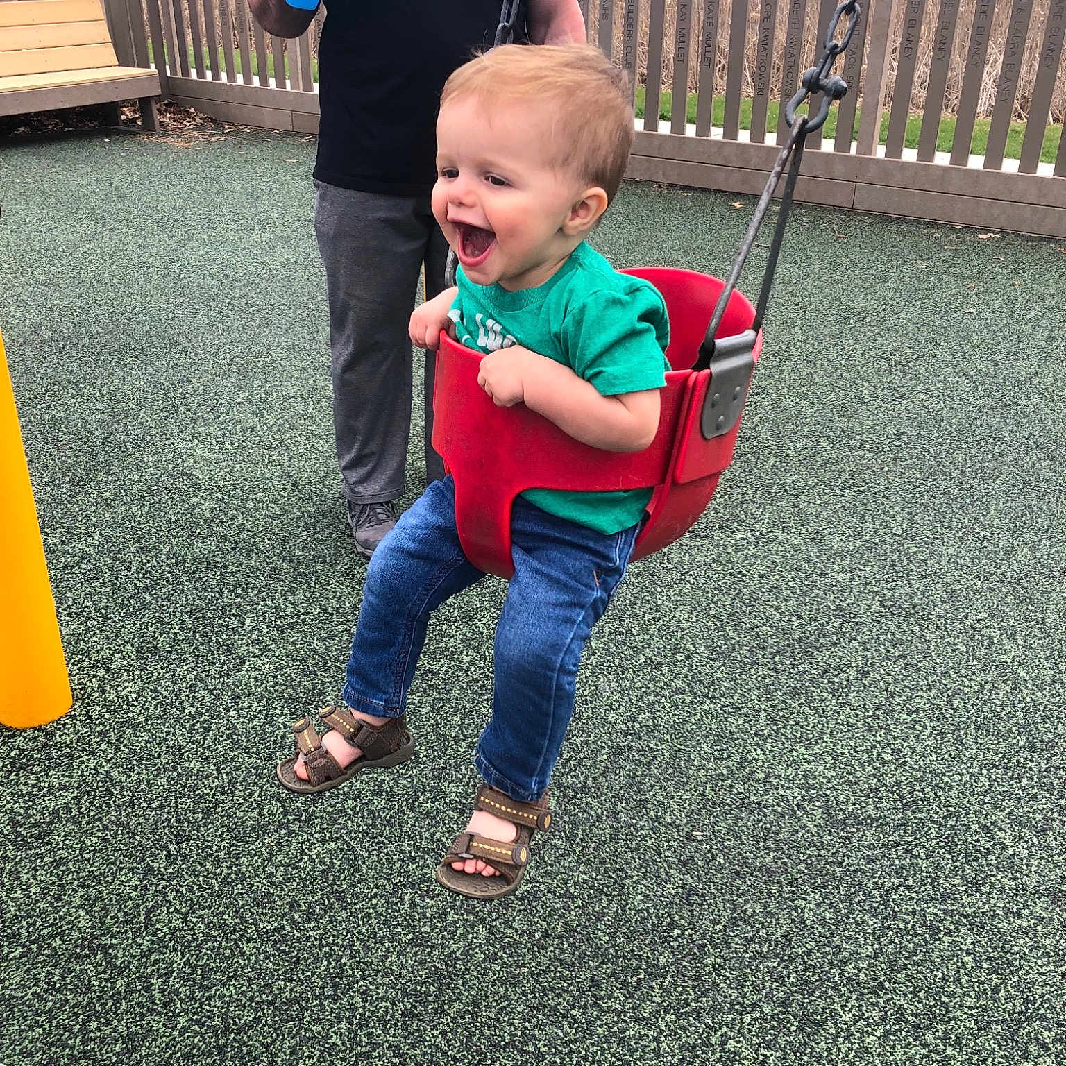 Tate joined the competition — help win amazing prizes! car, child, family, fun, grass, lawn, outdoor_play_equipment, person, plant, play, playground, public_space, recreation, swing, toddler, tree, vacation