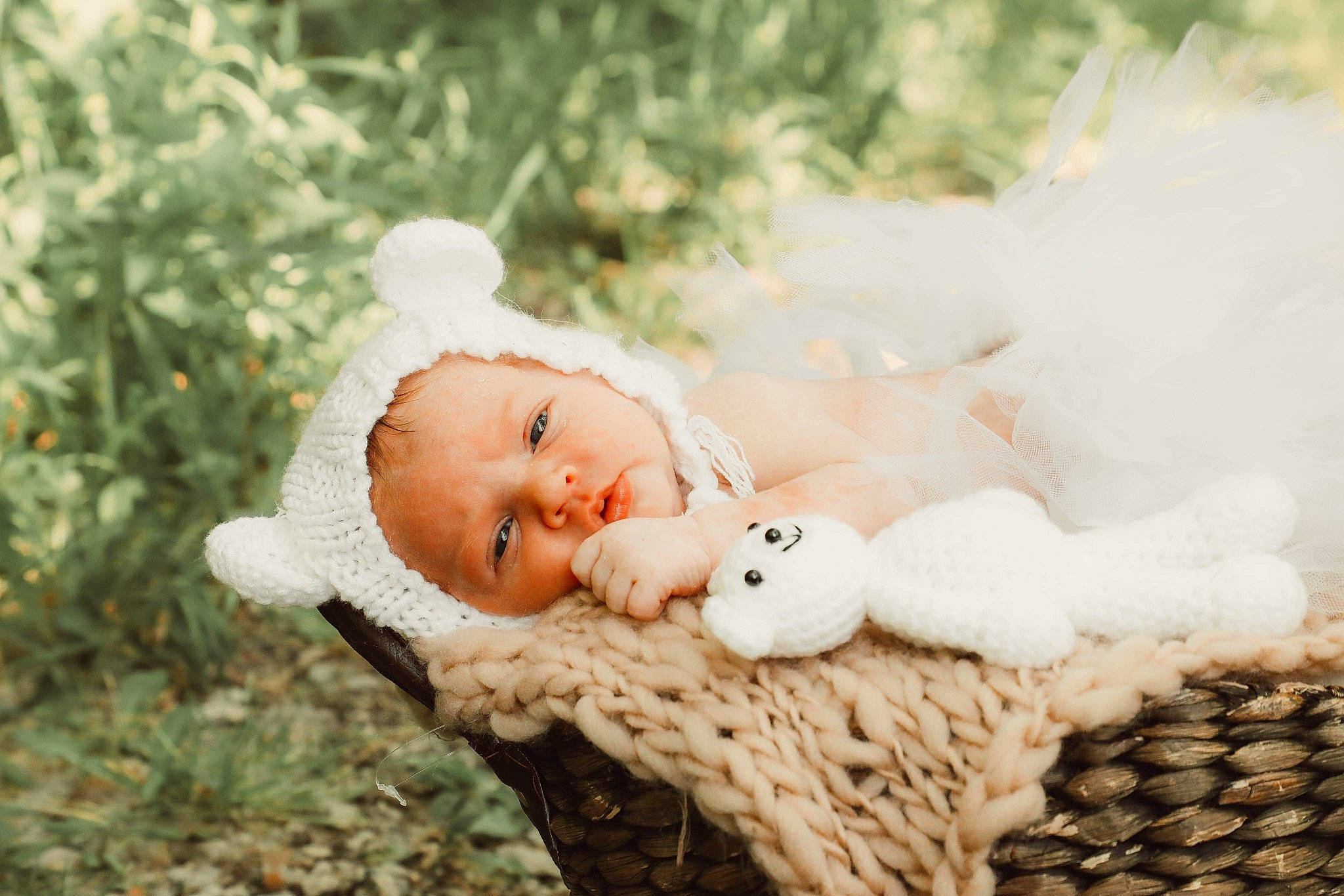 Arabella is registered to the contest to win money with this photo: baby, baby_toddler_clothing, basket, beanie, cap, child, fur, grass, happy, hat, knit_cap, ornament, people_in_nature, person, plant, portrait_photography, sitting, tree, winter, wood