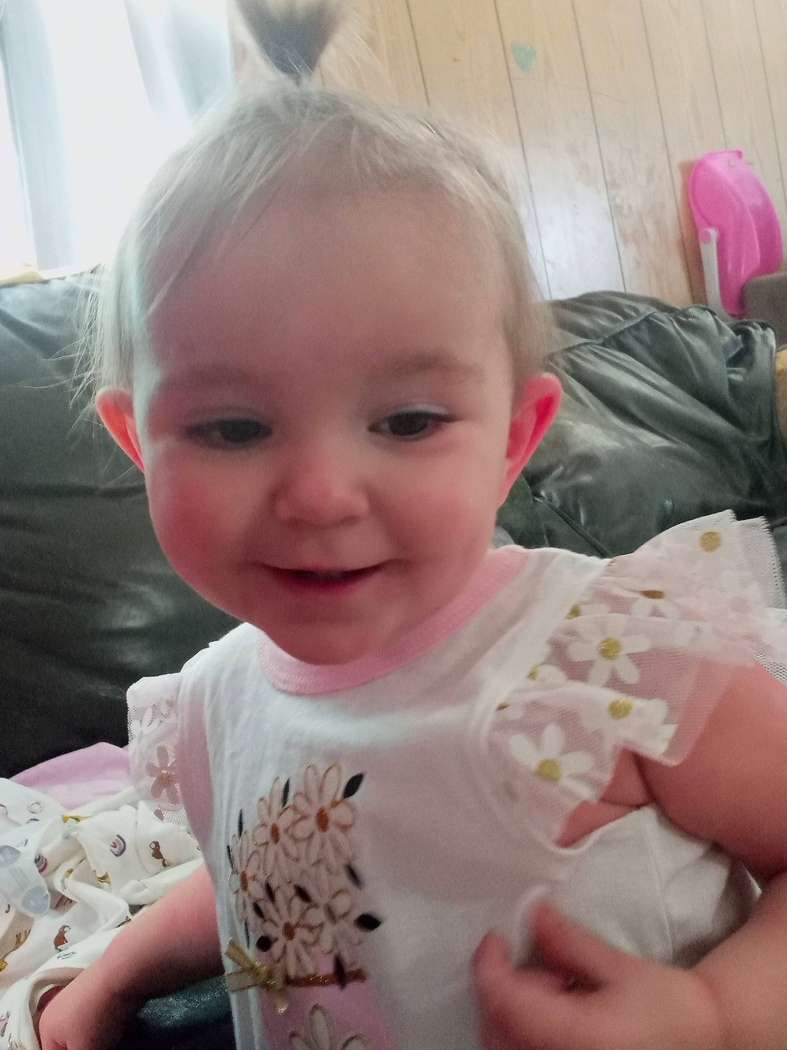 Lylah joined the competition — help win amazing prizes! baby_toddler_clothing, cheek, eye, eyebrow, face, facial_expression, finger, hair, hairstyle, hand, happy, head, iris, joy, lip, mouth, nose, person, pink, skin