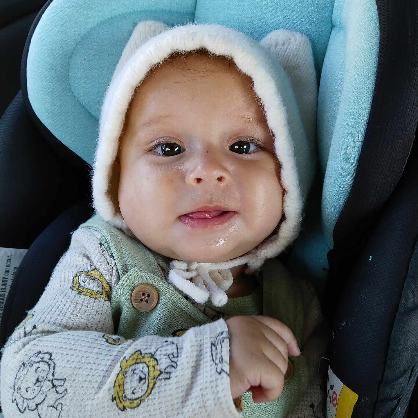Stephen joined the competition — help win amazing prizes! baby, bonnet, cap, car, car_interior, carseat, clothing, face, hat, head, hood, hoodie, knitwear, person, photography, portrait, sweater, sweatshirt, transportation, vehicle