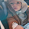 baby, child, car_seat, jacket, hood, striped_shirt, plush_toy, hand, face, eyes, infant, seatbelt, sunlight, indoor, cute, warm_clothing, portrait, expression, young, cozy
