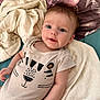 August joined the competition — help win amazing prizes! baby, infant, smiling, onesie, striped_clothing, bed, blanket, pillow, face, blue_eyes, cute, child, soft_toys, indoor, person, happy, portrait, lying_down, skin, head