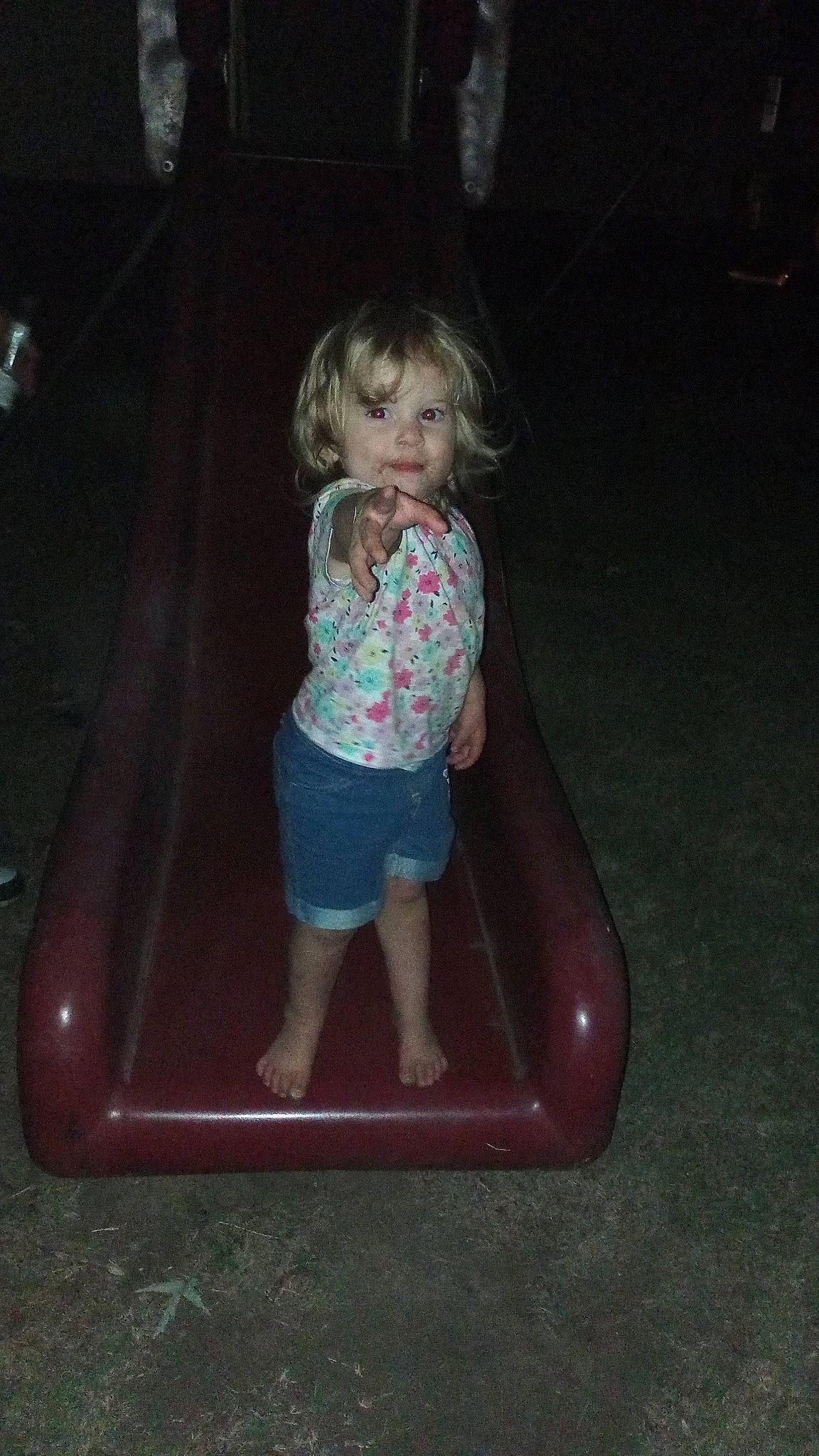 Olivia May Grinstead joined the competition — help win amazing prizes! baby_toddler_clothing, child, chute, electric_blue, fun, leisure, magenta, outdoor_play_equipment, person, play, playground, recreation, shorts, sitting, t_shirt, toddler, vacation, wood